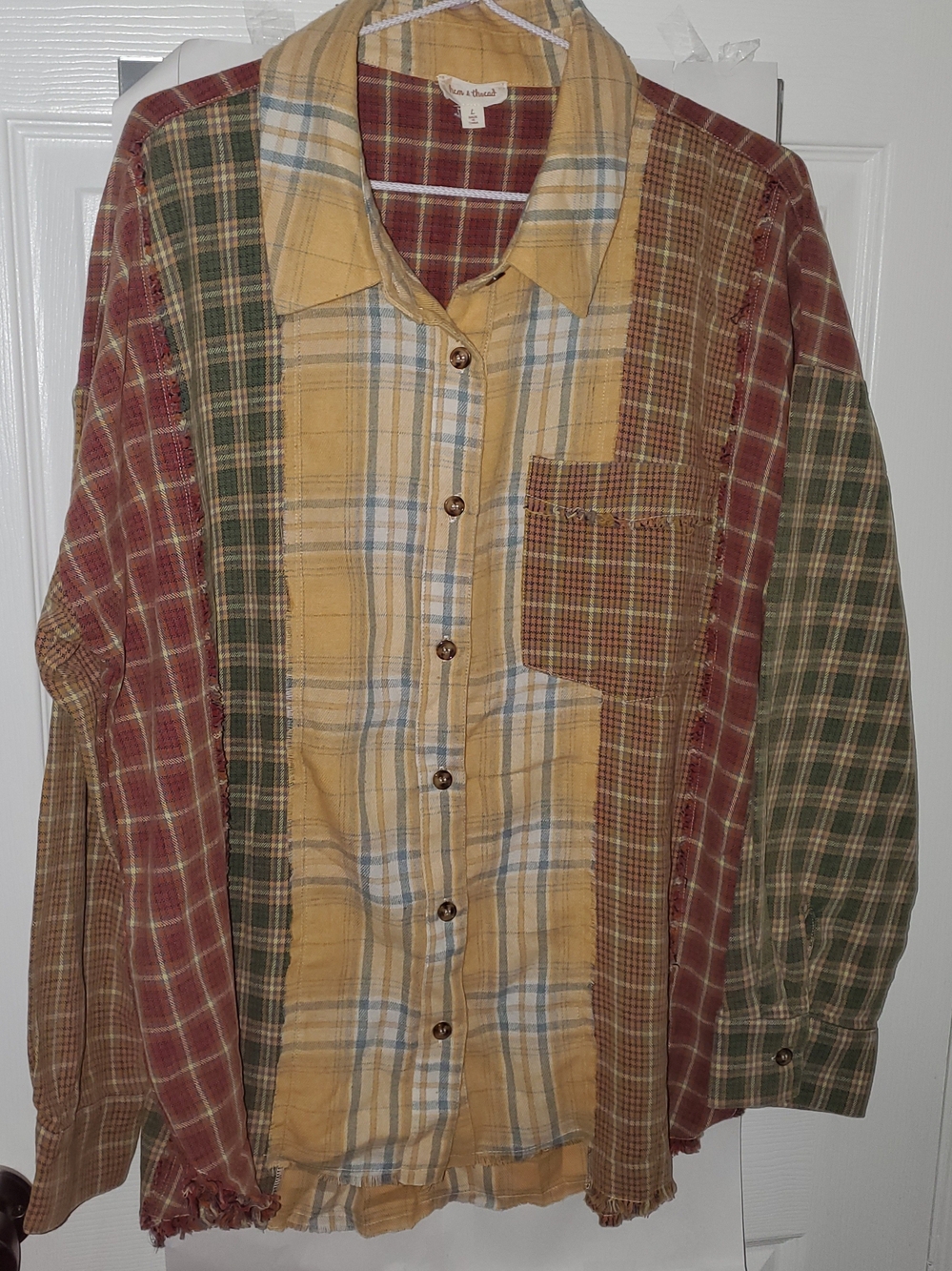 Hem & Thread Patchwork Plaid Long-Sleeve Shirt - Yellow & Earth Tones